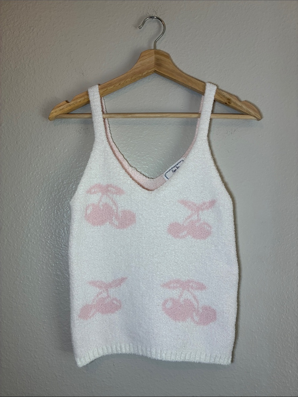 Hippie Rose Cherry Print Tank Top SZ Medium Soft Fuzzy Knit Coquette Girly